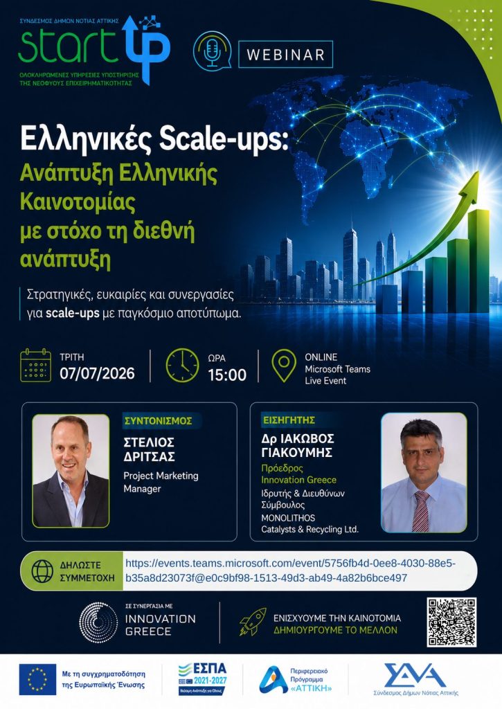 4ο Webinar ΣυΔΝΑ StartUps: «Ελληνικές Scale-ups: Ανάπτυξη Ελληνικής Καινοτομίας με στόχο τη διεθνή ανάπτυξη»